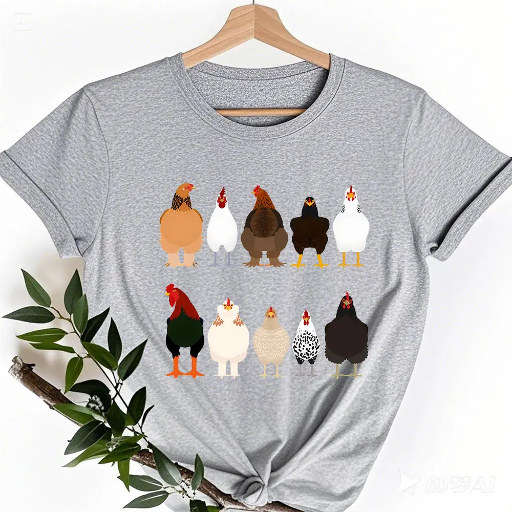 女性の鶏のプリントコットンTシャツ,半袖Tシャツ,カジュアルなトップス,ゆったりとした服,高品質,ファッション