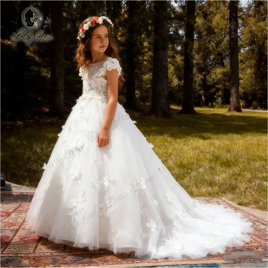 Robe de demoiselle d'honneur blanche élégante avec appliques papillon 3D, parfaite pour les fêtes d'anniversaire des enfants, les concours et la première communion
