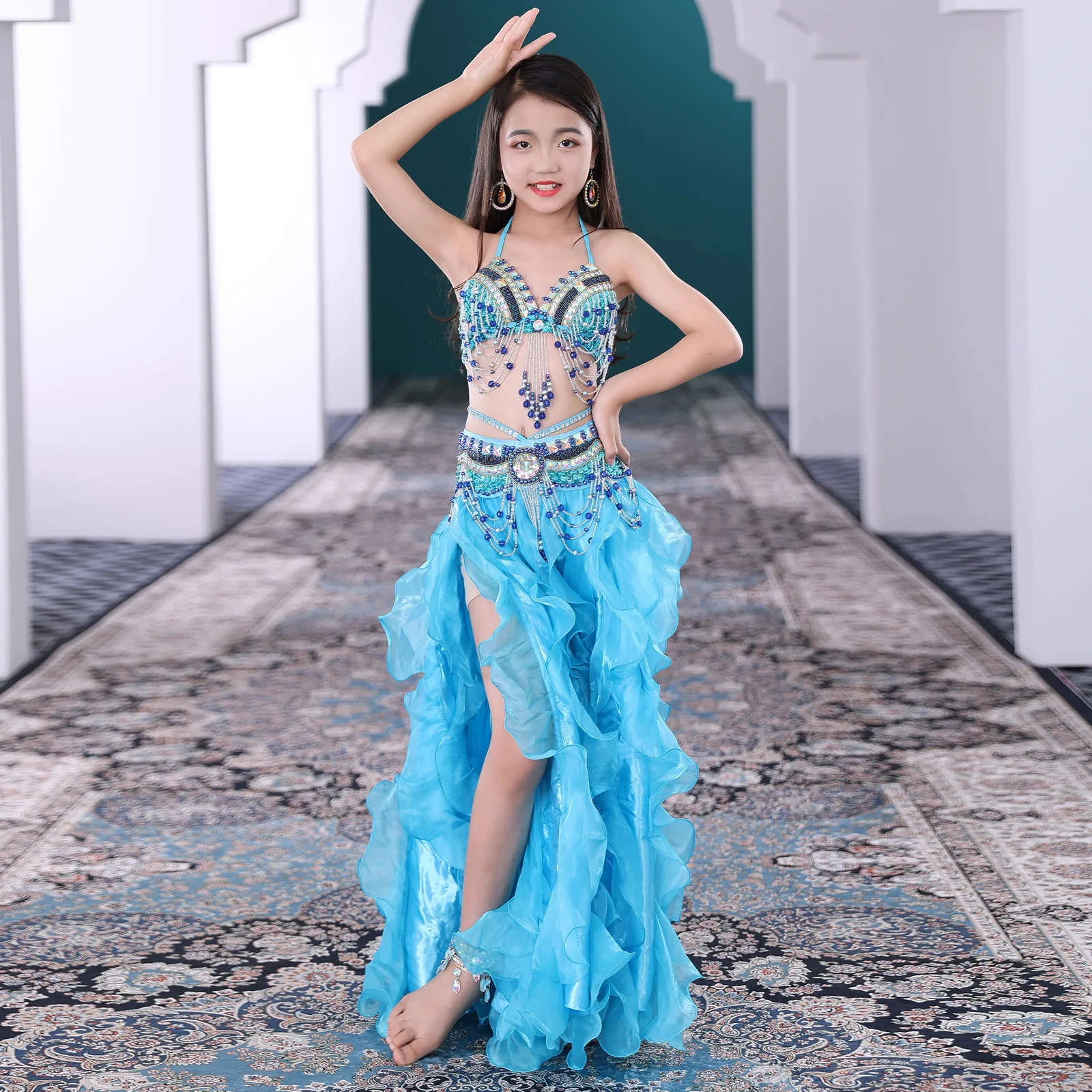 Kids Oriental Dance Performance Children Belly Dancing Clothes Girls Outfit Bra Belt Skirt Girls Beaded Belly Dance Costume Set