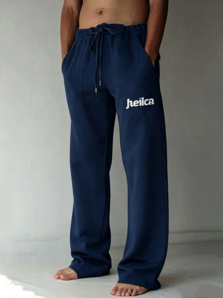 Men Navy Blue Letter Print Sweatpants Elastic Drawstring Loose Straight Streetwear Casual Sports Trousers
