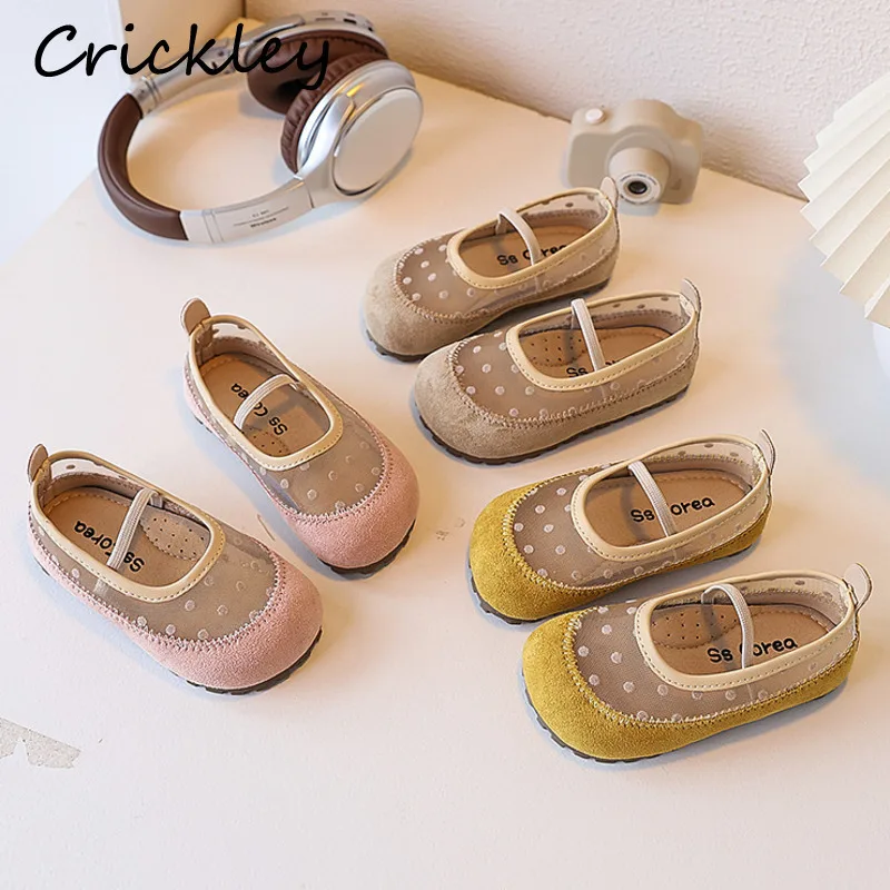 

Mesh PU Patchwork Kids Flats Shoes Summer Autumn Dot Elastic Band Girls Ballet Flats Soft Breathable Children Princess Shoes