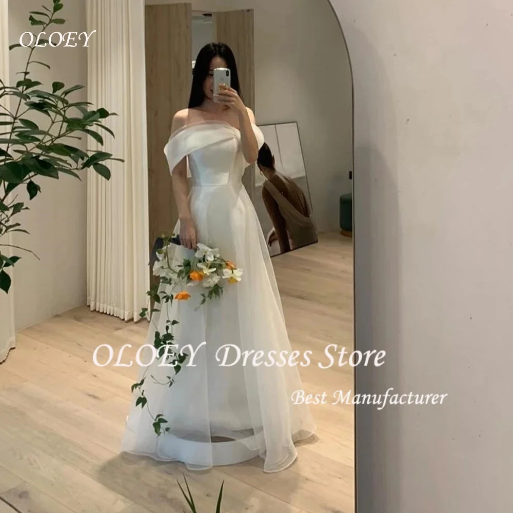 

Oloey Strapless Organza Customized Short Sleeves Elegant Wedding Dresses A-Line Ivory Korea Brides Gowns Women Bridal Dresses