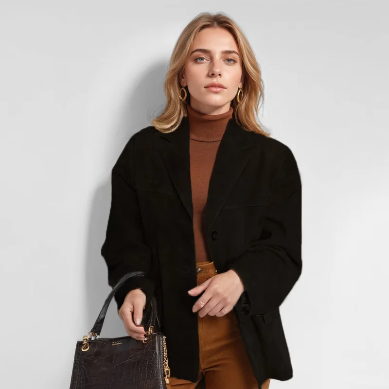 Vintage Brown Blazer Women Suede Leather Jacket Autumn Fashion Single Breasted Lapel Loose Coats Street Office Lady Outerwears