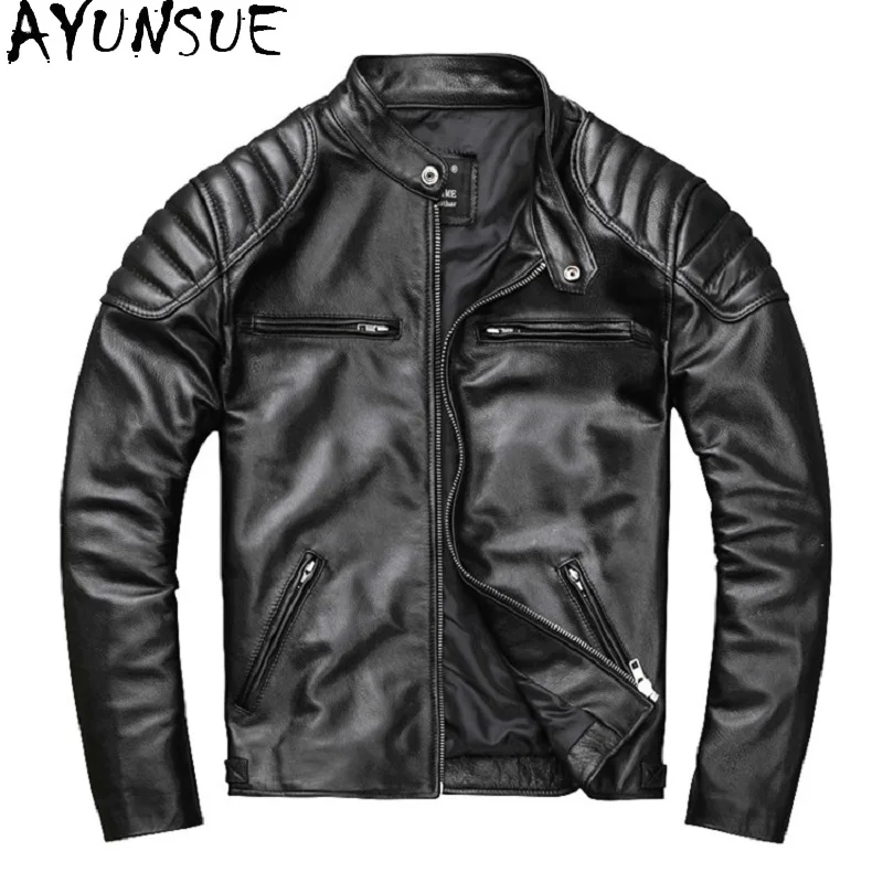 AYUNSUE Genuine Leather Mens Jacket Real Cowhide Coats Fashion Stangding Motorcycle Jackets Spring Autumn Clothes Мотокуртка