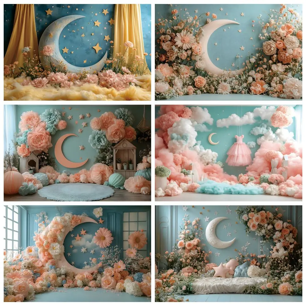 

Newborn 1st Birthday Party Photography Backdrop Moon Stars Flowers Baby Shower Girl Boy Art Portrait Photocall Background Decor