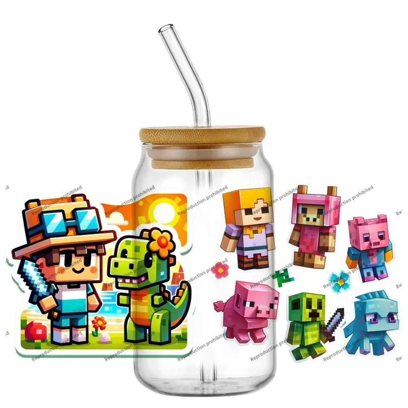 Pixel Adventure Character UV DTF Transfer Decals, Forest Sword & Monster Waterproof DIY Cup Wrap for 16oz Libbey Glass Can