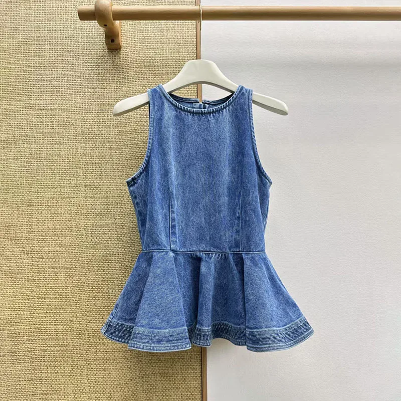 Women's vest New summer 2026 ruffled slim fit sleeveless top pure cotton round neck tanks top Retro washed denim vest y2k Corset