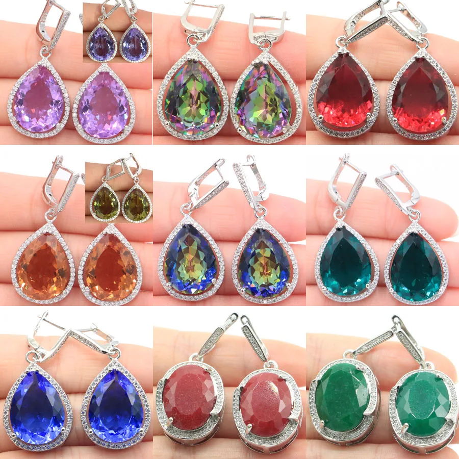 Buy 5 Get 1 Free 43x19mm Big Gemstone Fire Rainbow Mystic Topaz Pink Kunzite Violet Tanzanite Tourmaline Silver Earrings