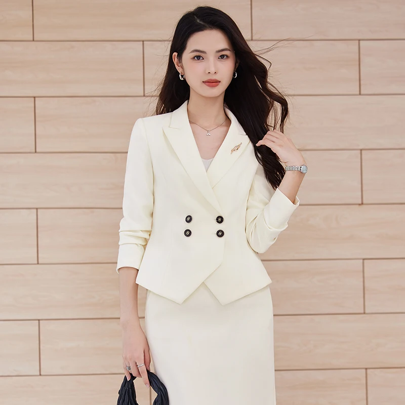 بدلة نسائية مزدوجة الصدر من NAVIU مكونة من قطعتين سترة أنيقة بأكمام طويلة وتنورة بطول ملابس عمل احترافية باللون البيج #2