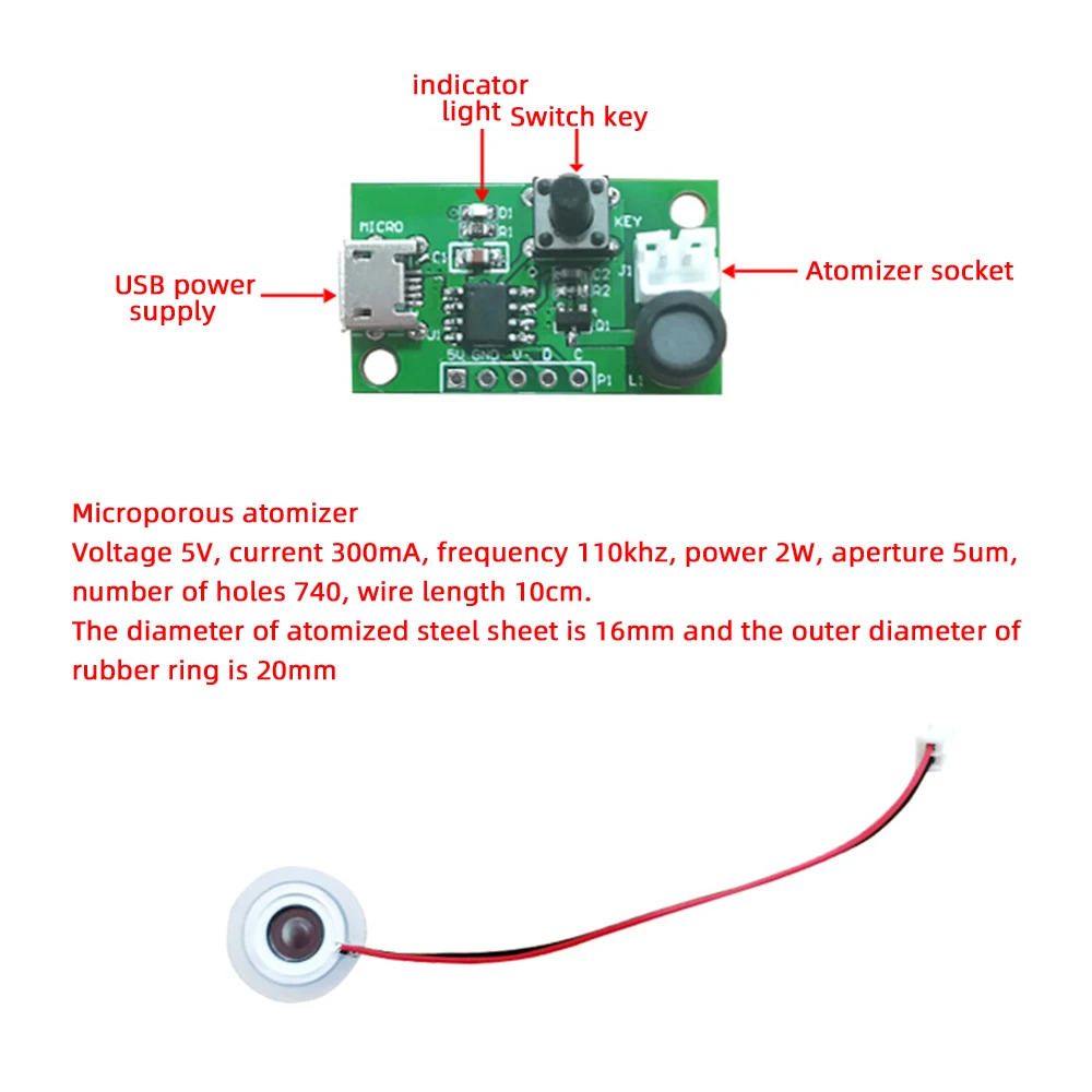 Mini USB Umidificador DIY Kits, Névoa Criador e Driver Placa de Circuito, Fogger Atomização, Filme Atomizador Folha, Mini oscilante, 5V, 2W