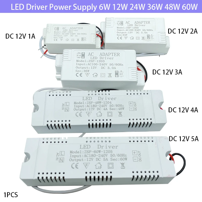 Sterownik LED Zasilacz 6W 12W 24W 36W 48W 60W AC220 12V 1A -5A Sterowanie zasilaczem Transformatory oświetleniowe do listew oświetleniowych LED