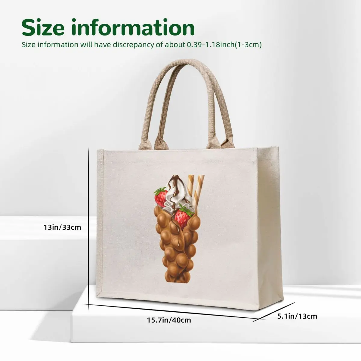 Gofre de burbujas de huevo, helado de vainilla con fresa y cobertura de Chocolate, bolso de compras, bolso de tela para mujer