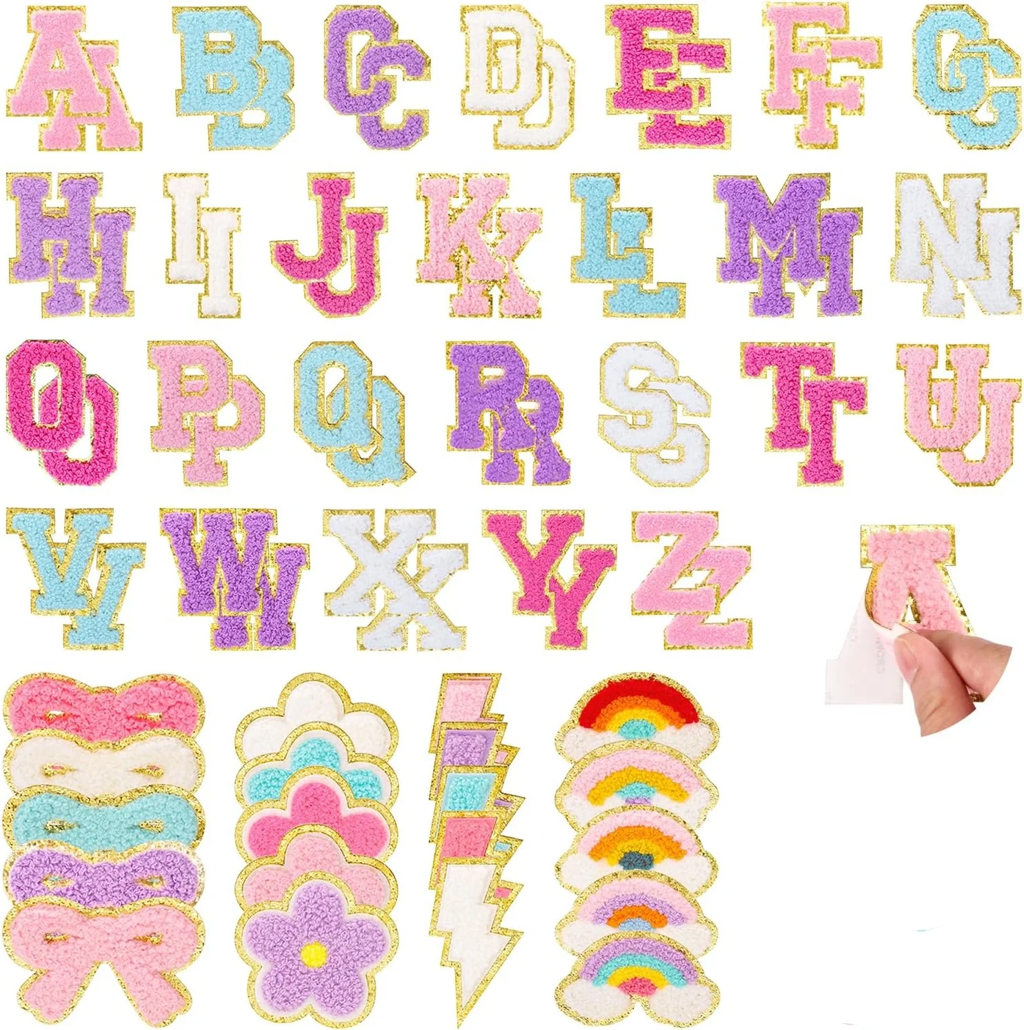 72 Pcs Preppy Chenille Patches Self Adhesive for DIY Clothing,Include 52 A-Z Chenille Letter Patches Stick on,20 Rainbow Flower