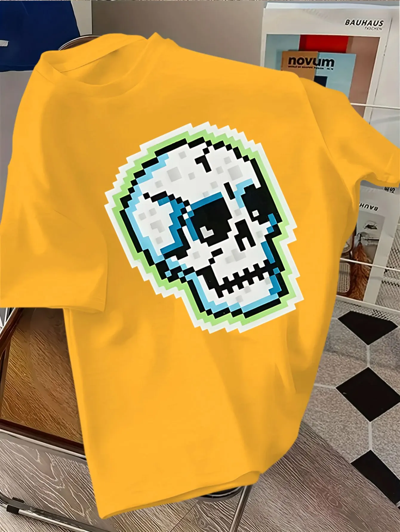 Pixel Style Skull Print Design on The Front Chest Casual and Versatile Parent-child Style Summer New  Round Neck T-shirt