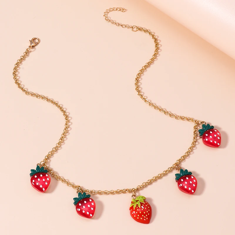 Mode Erdbeere Anhänger Halskette für Frauen Einfache Kette Obst Halskette Mädchen Party Urlaub Schmuck Geschenke – Detail 5