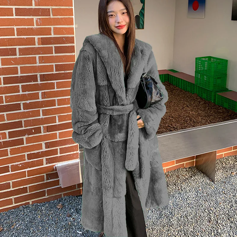 เสื้อขนสัตว์ Faux Fur Coat หลวม Warm Outwear หนาฤดูหนาวผู้หญิงยาวเสื้อขนสัตว์กับเข็มขัด Casual Mink เสื้อขนสัตว์หญิง