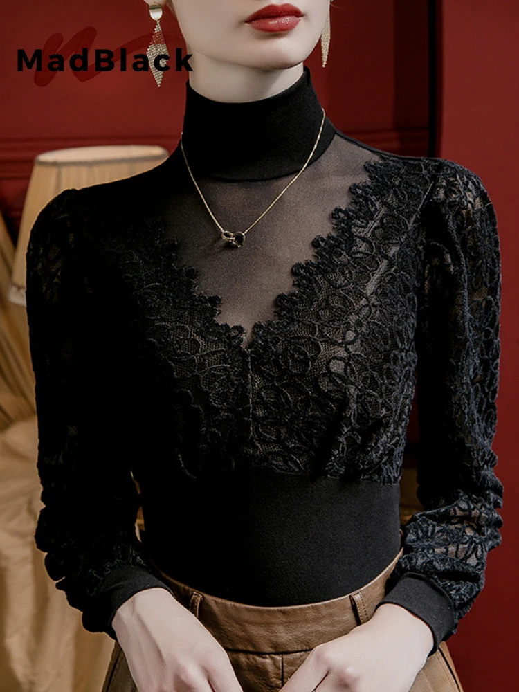 MadBlack-Women European T-Shirt, Sexy Turtleneck Lace Patchwork, Streetwear Lantern Sleeve Slim S-3XL Tee, 2025 Winter T5D335CC