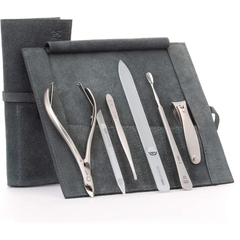 

GERMANIKURE 6pc Manicure Set in Gray Suede Case - FINOX Stainless Steel Tools Made in Germany, Glass Nail Care Supplies
