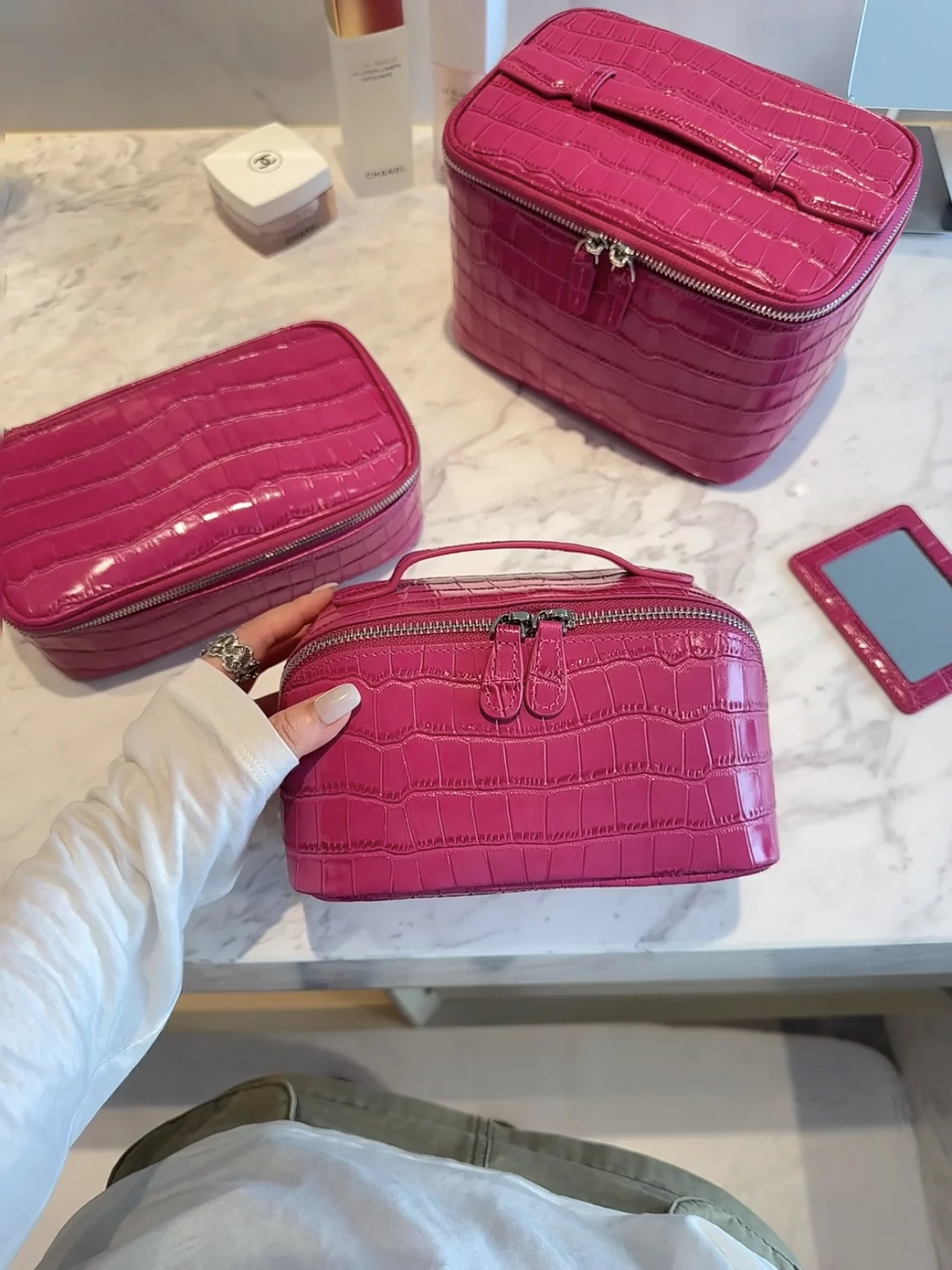 Crocodile Pattern Cowhide Cosmetic Bag Rose Red Light Luxury Genuine Leather Women Travel Portable Toiletry Storageanity Case