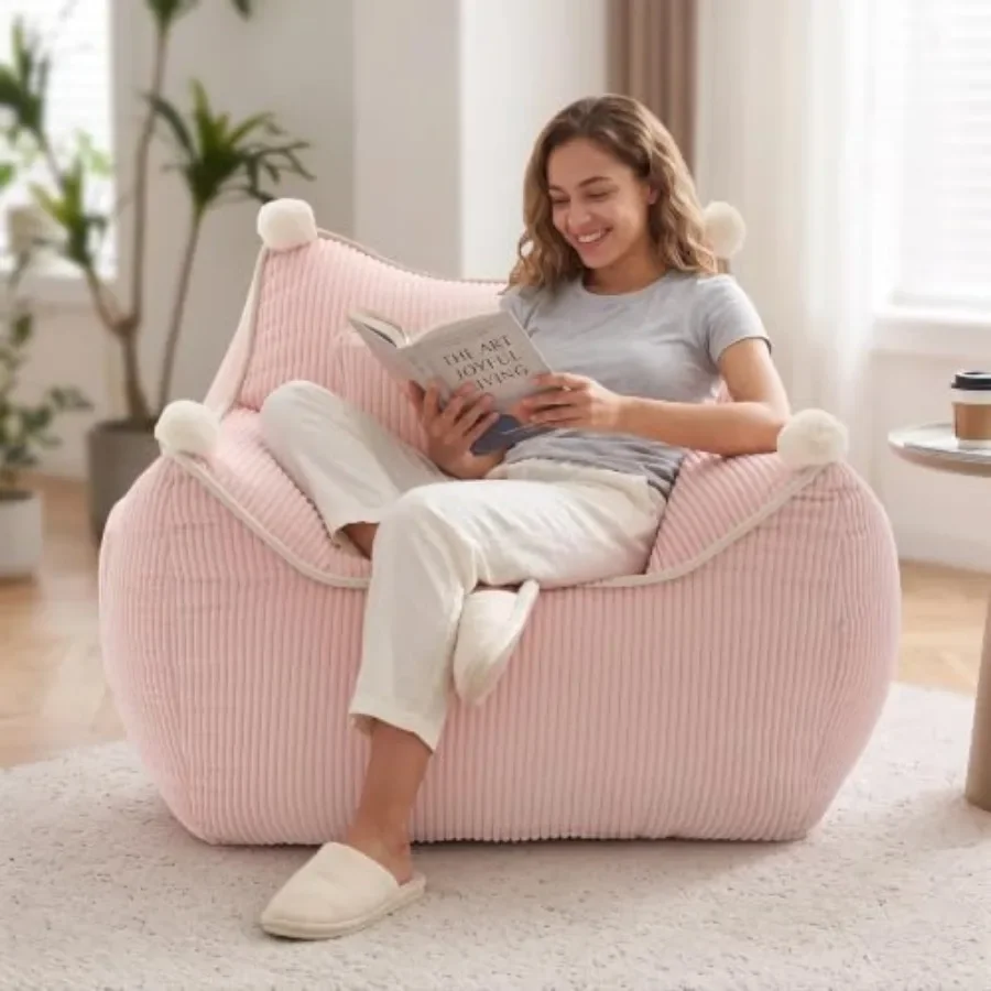 Bean Bag Chair for Living Room, Reading, Bedroom: Corduroy, Beige, Foam Filler with Back Support for Adults and Teens