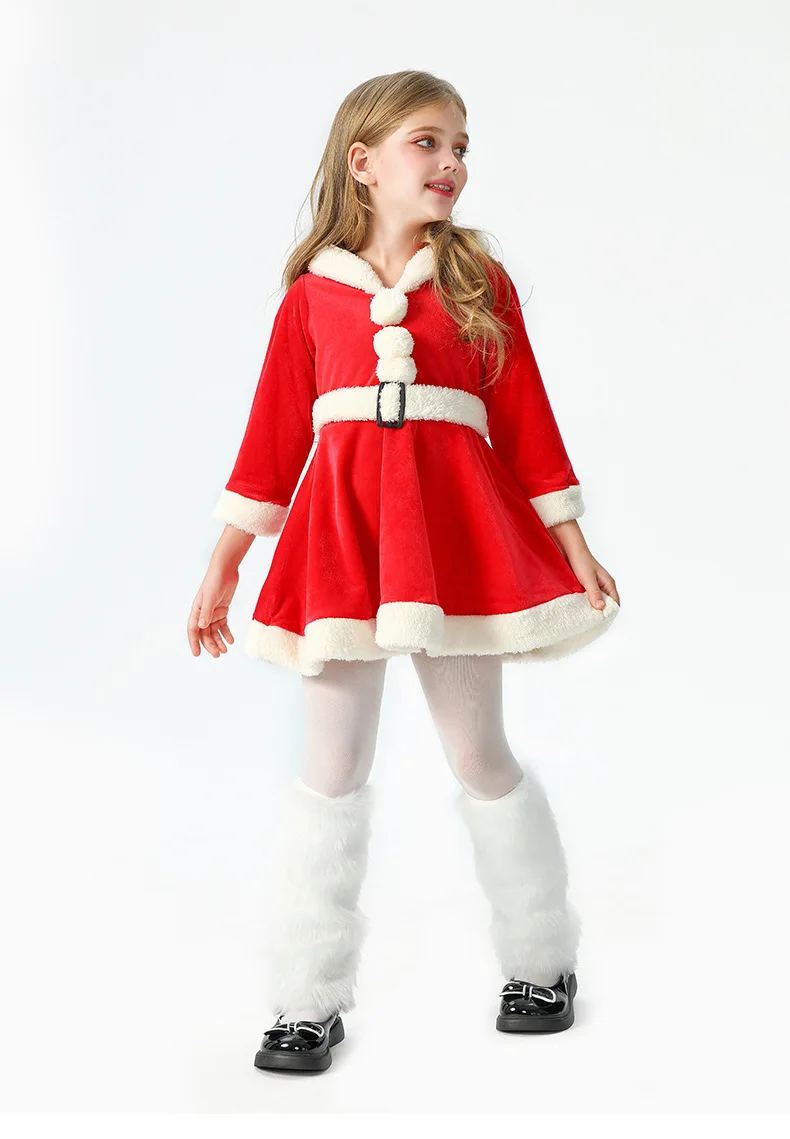 Weiches Samtkleid für Kinder mit Weihnachtsmann-Motiv, Kapuze, Weihnachtskostüm, Weihnachtsfeier, Bühnenauftritt, Show, Cosplay, Rock, Outfit – Detail 14