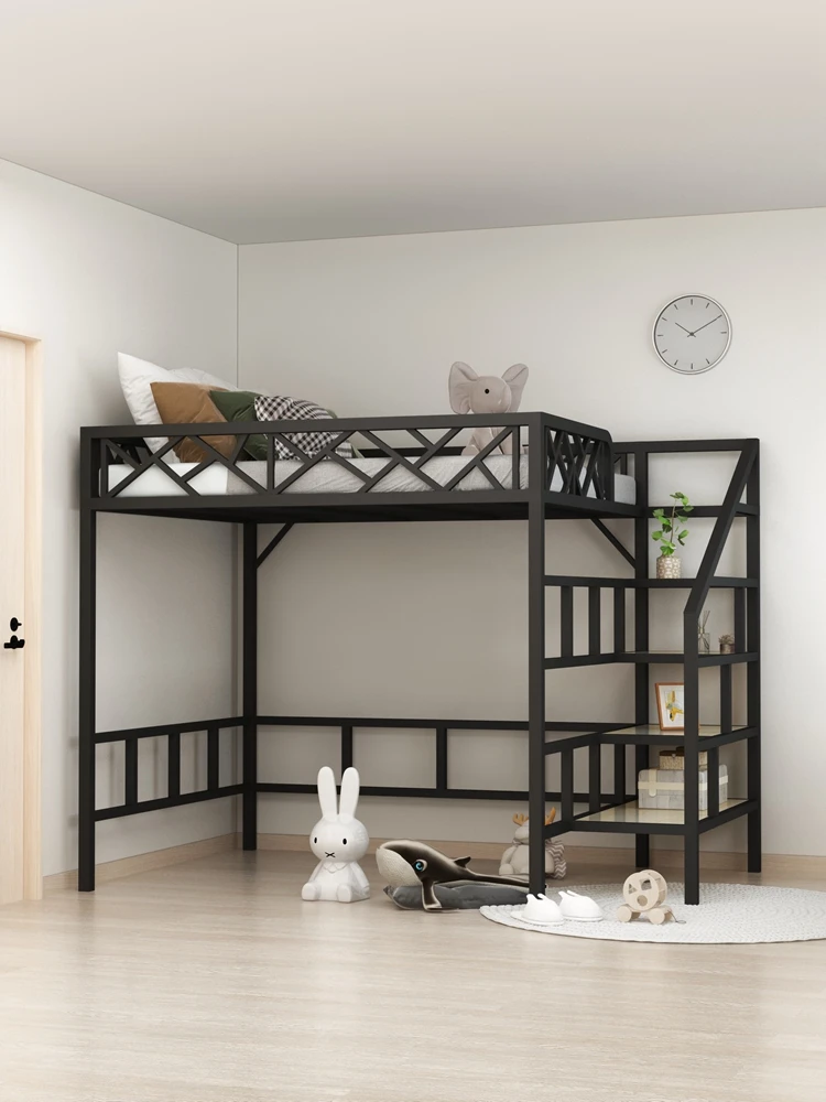 

Wrought iron elevated bed double simple modern small apartment space-saving adult children's apartment duplex second floor bed