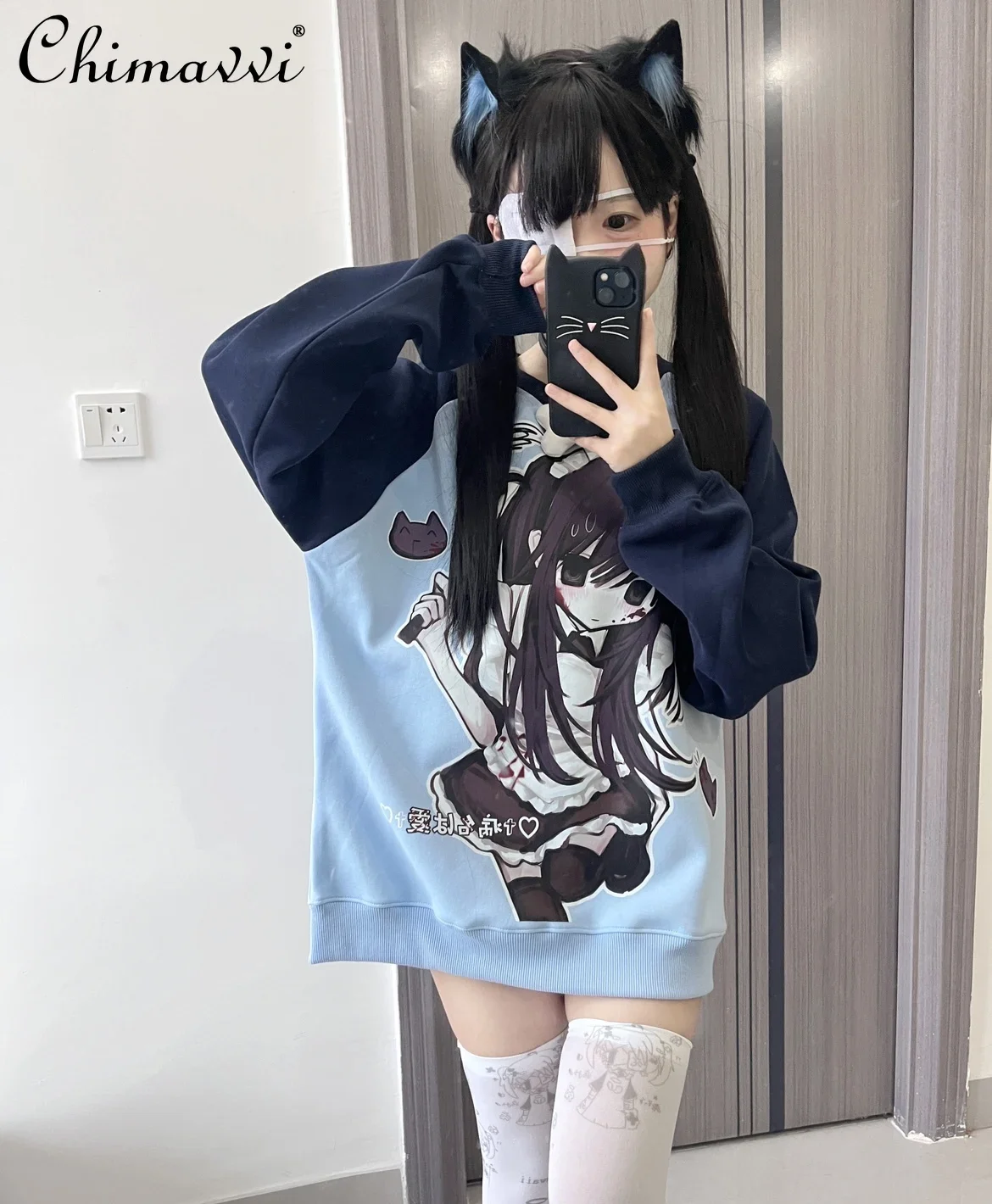 

Fashion Sub-Culture Girly Style Pullover Sweatshirts Autumn Loose Printed Round Neck Long Sleeve Two-Dimensional Loose Hoodies