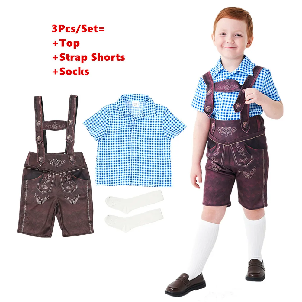 Disfraz de Oktoberfest para niños, camisas a cuadros de tres colores, traje de Lederhosen bávaro alemán, traje de cerveza para niño, disfraz de Halloween