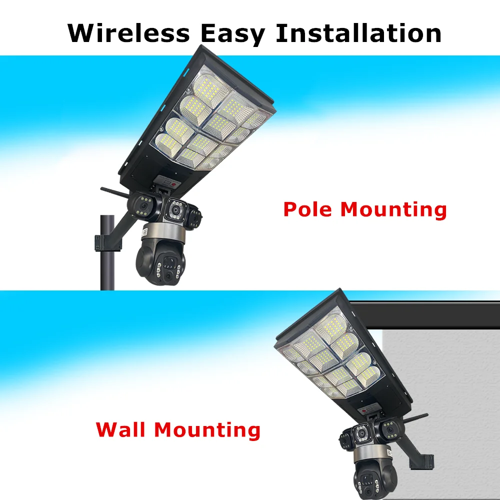 Solar 4G Street Light Camera 15MP 10X Zoom Three Lens Recording Humanoid Tracking Outdoor Camera Lamp Remote Control Waterproof