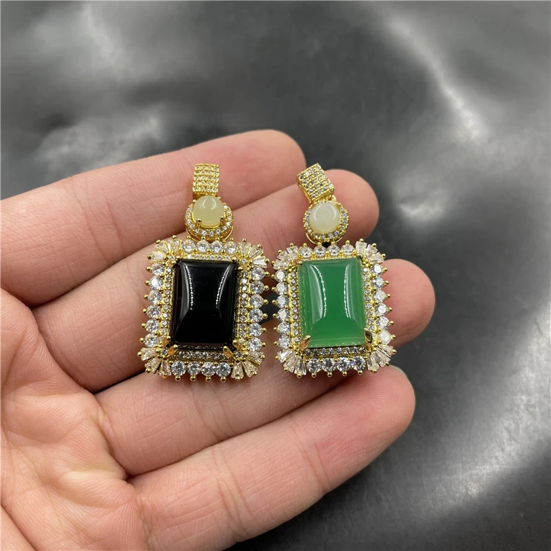 

Инкрустированный хризопразом маленький квадратный кулон, амулет мира из черного агата, нефритовый кулон.