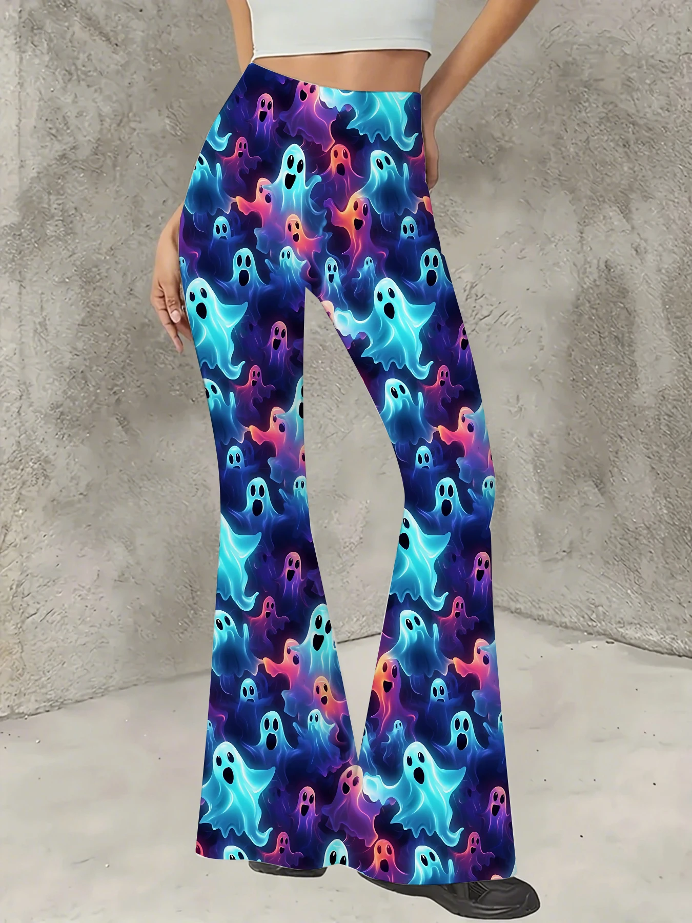 

Korean Style Printed Flare Pants Women High Waist Slim Fit Bell Bottom Leggings