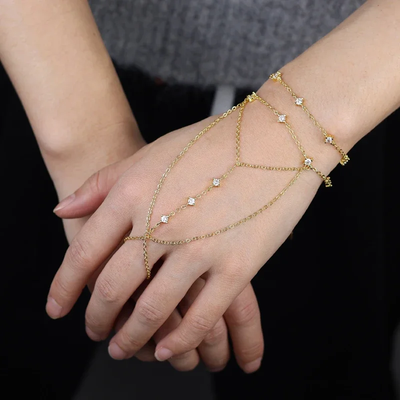 

2025 New Fashion Multi-layer Pave CZ Finger Bracelet Chain Link Ring for Women Gold Color Gift Party Jewelry Wholesale