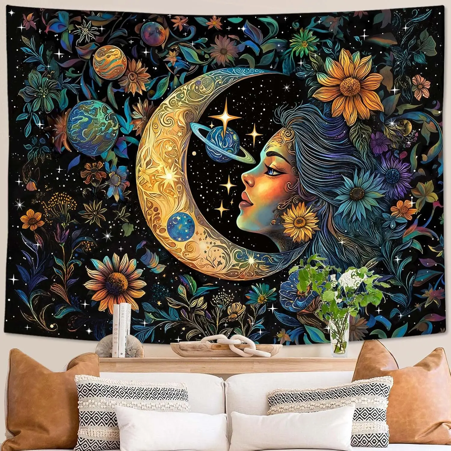 Sun and Moon Tapestry Bedroom Hippie Boho Floral Flower Plant Wall Tapestry Aesthetic Vintage Galaxy Celestial Star Spiritual
