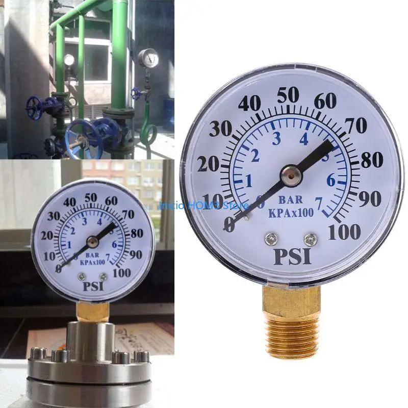 A5YD Pump Lower Mount Pressure Gauge 0 to 100 PSI 1/4NPT 0-7 Bar Sturdy Metal Outer for Case Stable Performance
