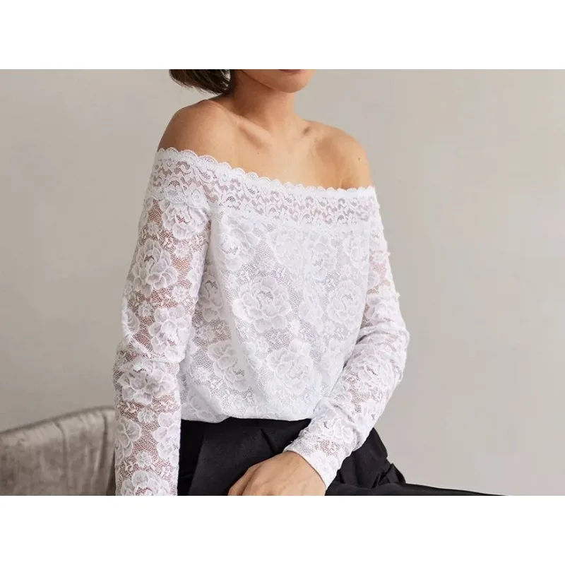 

2025 Hollow Lace Tights One-word Collar Off-the-shoulder Jumpsuit Women