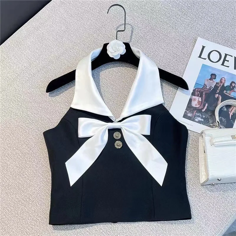 

Vest Girls Summer New Lapel Collar Sling 2024 Sweet Bow Knot Back Zipper Childrens Clothing Outerwear Simple Loose