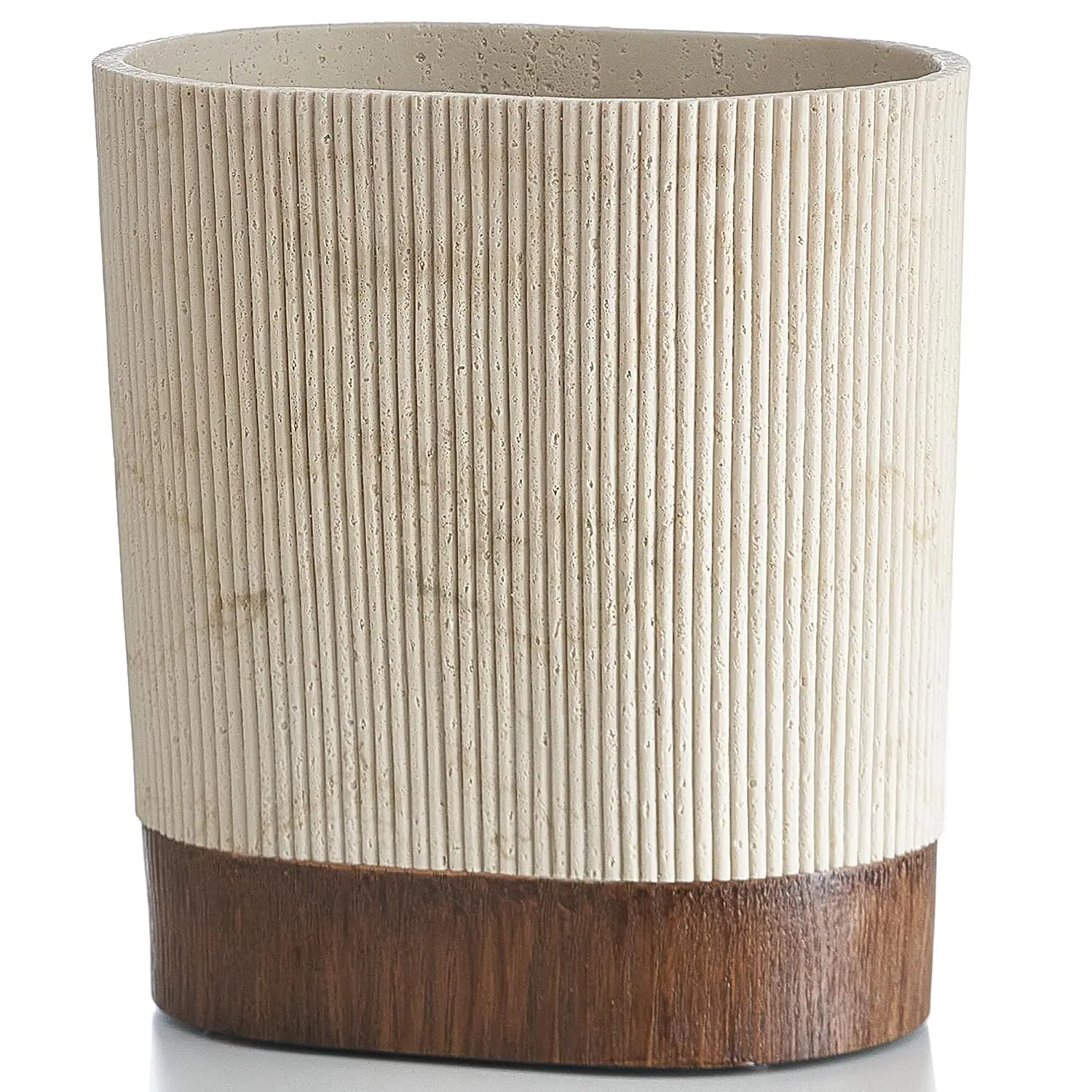 Cubo de Basura de Travertino Natural con Detalles en Madera para Baño, 1.8 Galones (7 Litros), Cubo de Basura Pequeño para Cocina, Sala de Estar, Dormitorio, Cesto Decorativo para Hogar y Oficina (Hecho a Mano con Resina) ﻿