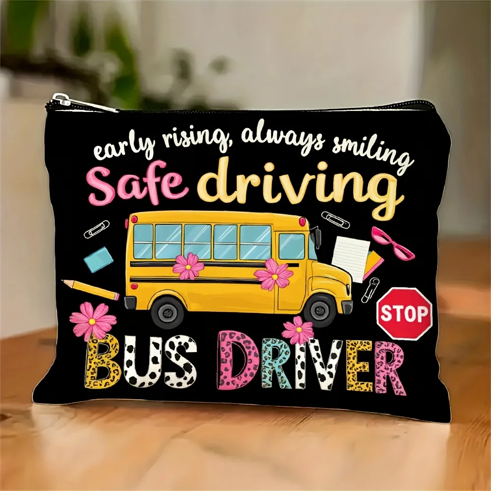 バス運転手の安全運転プリント入りメイクアップバッグ - 多機能ジッパーポーチ、ジュエリー収納バッグ、旅行に最適なジッパー付き小型収納バッグ