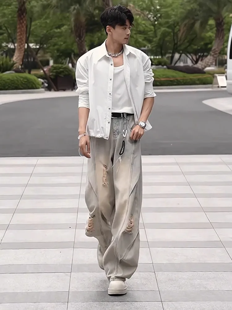 

American High Street Men's Summer Thin Denim Trendy Pants Cuffed Bell Bot Slimming High Waist Straight Leg Jeans