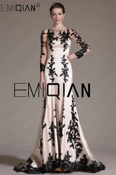 Contrast Color Long Sleeves Women's Formal Gowns Mermaid O Neck Sweep Train Evening Dress with Black Lace Appliques