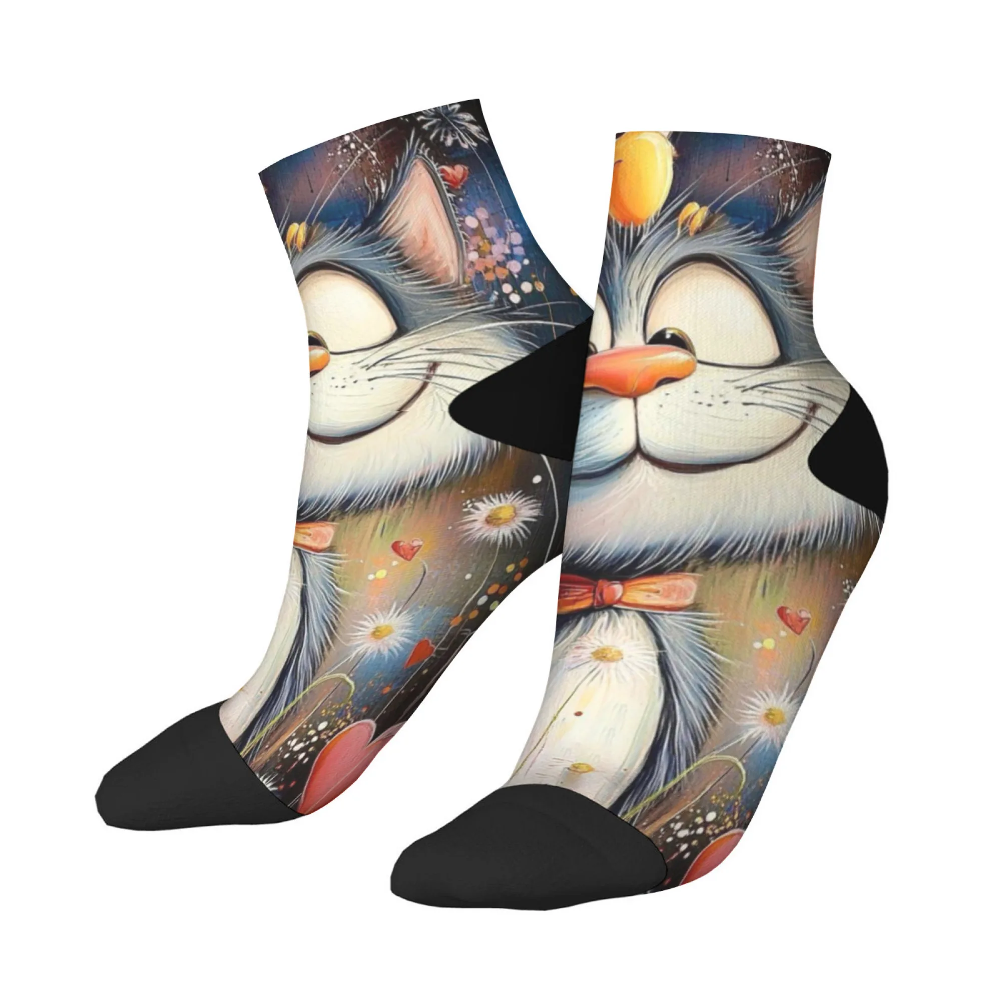 

Короткие носки с большим лицом и котом, удобные повседневные носки из смеси полиэстера для женщин и мужчин, мягкие дышащие легкие модные носки унисекс