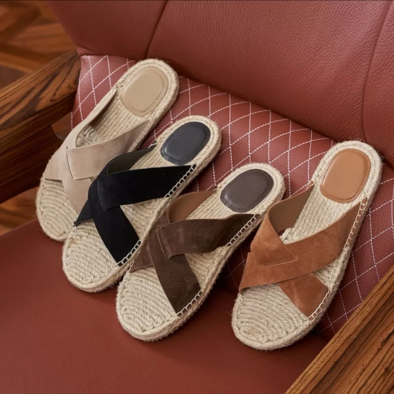 European Fisherman's Bottom Hemp Rope Men's Slippers Summer Sandals Fashion Open-toe Hollow-out Suede Men Cool Slippers Shoes