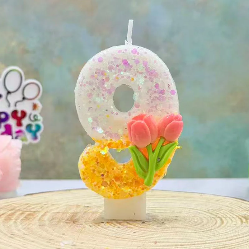 Pink tulip pattern, two tone sparkling candle flower, birthday cake, topper, party supplies