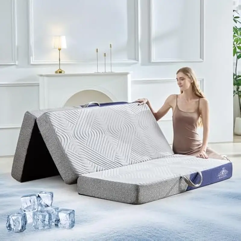 Foldable Queen Mattress 6 Inch Thick, Cooling Gel Memory Foam Core, Breathable Polyester Cover, Machine Washable Zippered Design