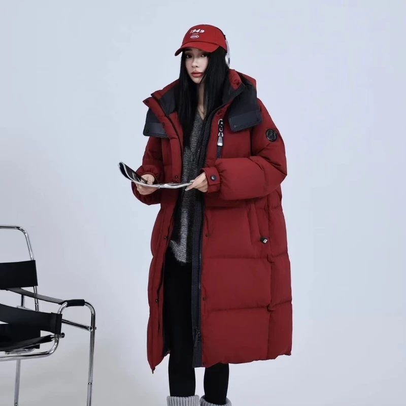 Inverno nova jaqueta feminina na altura do joelho engrossado pato branco para baixo com capuz puffer jaqueta moda solta quente gola casaco