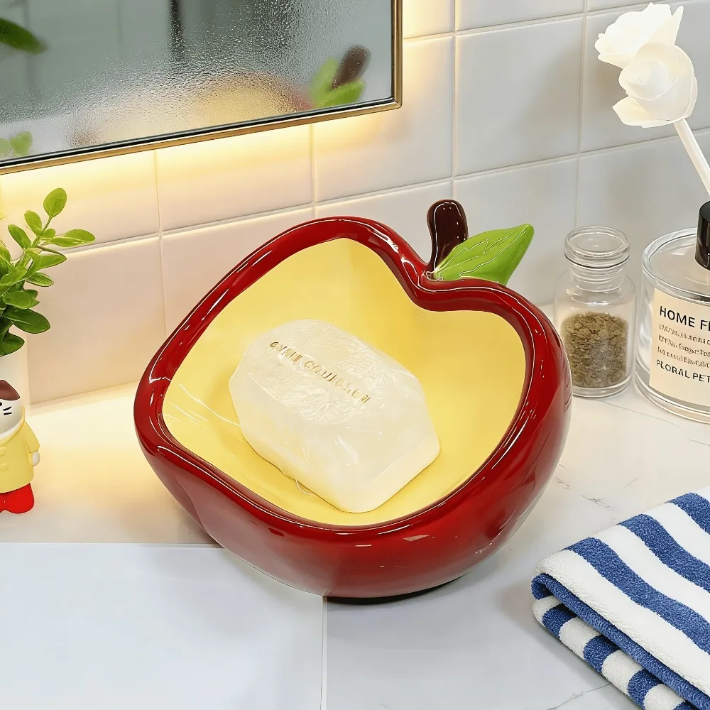 Apple Shaped Ceramic Soap Dish Cute Red Yellow Fruit Soap Holder for Bathroom Kitchen Countertop Home Decor Sweet Gift