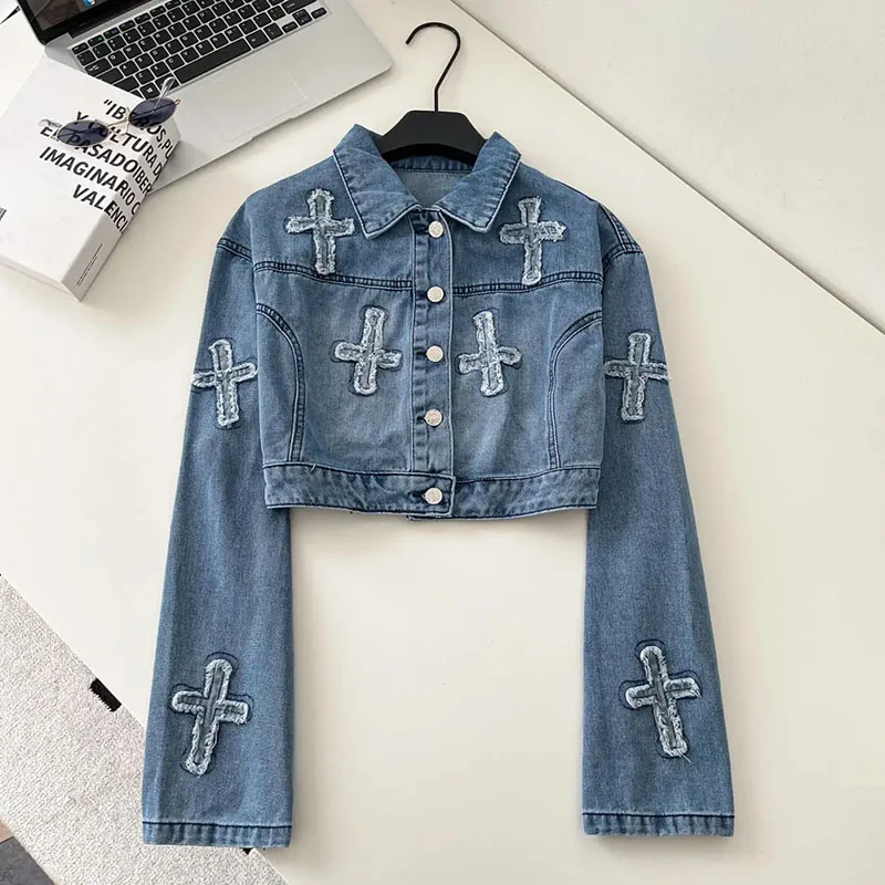 

Cross Design Denim Jacket Women Lapel Full Sleeves Slim Ins Overcoat Autumn Embroidery Casual Streetwear Cropped Coat 0 sold