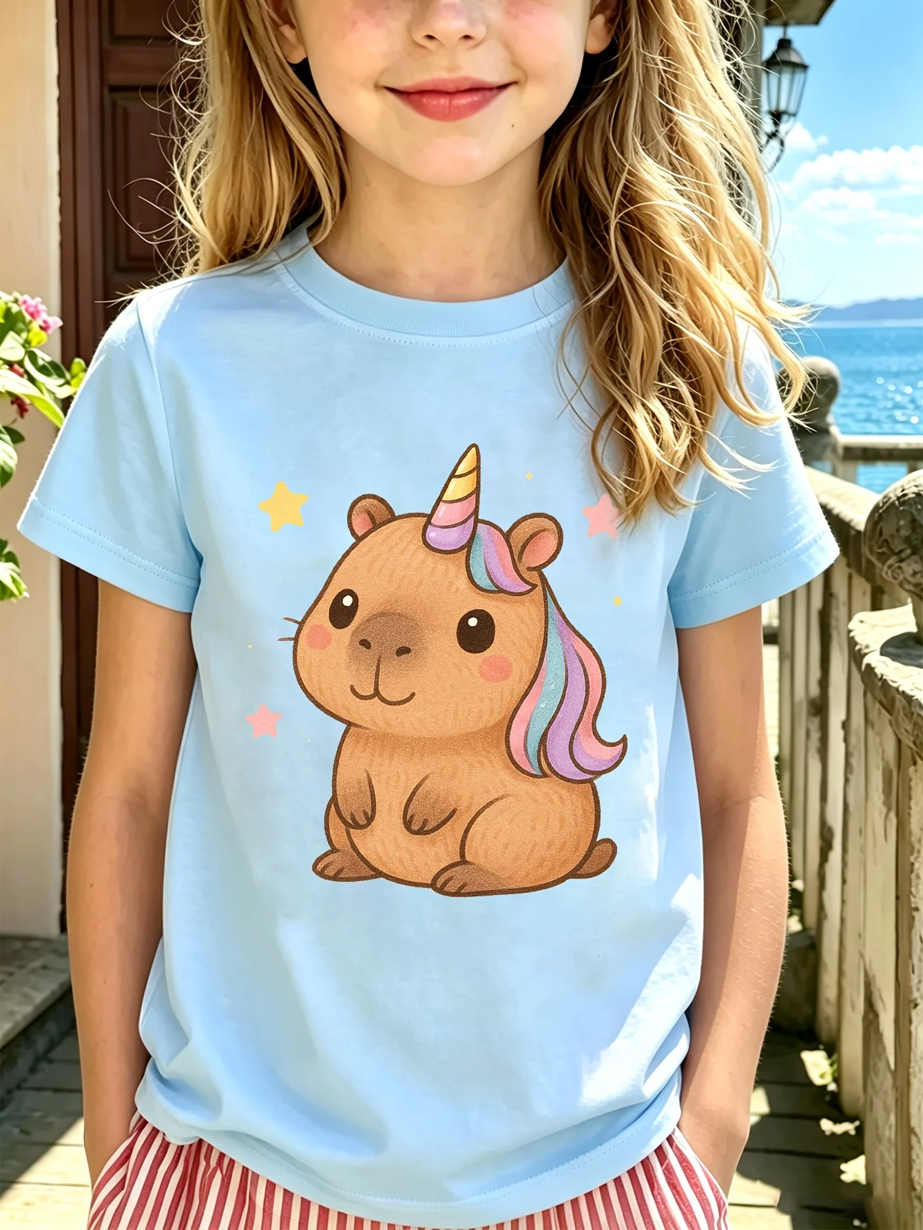 Unicorn Capybara Kids Tee Cute Cartoon Animal Star Graphic Print Boys Girls Family Matching Cotton Short Sleeve Children Tshirt