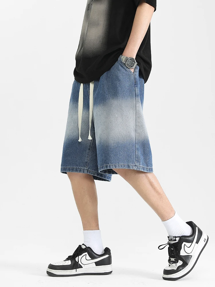 

2025 New Korean Style Vintage Men's Jeans Summer Loose Male Wide Leg Knee Length Shorts New Washed Fashion Short Denim Pants