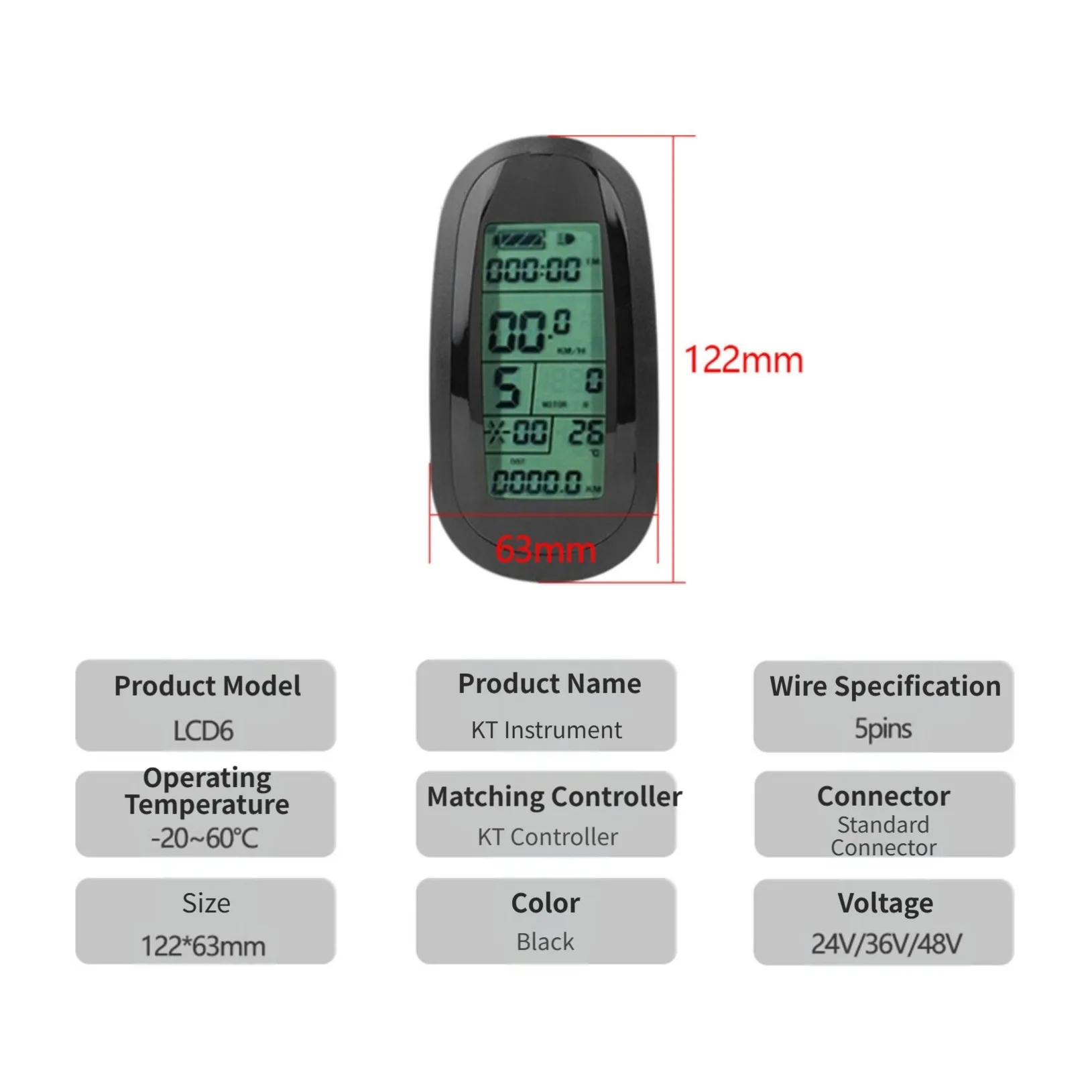 

Electric Bicycle Display Screen SM Connector LCD Black KT-LCD6 Display Fault Code Display Real-time Speed Top Speed